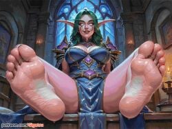 ai_generated armor barefoot blizzard_entertainment elf elf_ears elf_female feet foot_fetish foot_focus gigatsu glowing_eyes green_hair looking_at_viewer milf night_elf purple_skin seductive seductive_look seductive_pose sole_female soles spread_legs toes world_of_warcraft