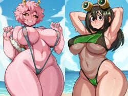 2024 2girls alternate_breast_size antennae areola areola_slip armpits ass beach big_areola big_ass big_breasts big_nipples big_thighs bikini black_eyes black_sclera blush breasts bubble_butt cleavage curly_hair female female_focus female_only green_hair hands_behind_head hourglass_figure huge_areola huge_ass huge_breasts huge_thighs large_ass large_breasts looking_at_viewer melonpuff mina_ashido my_hero_academia nipple_peek nipples nipples_visible_through_clothing pink_body pink_hair pink_skin pussy pussy_visible_through_clothes see-through see-through_clothing slim_waist sling_bikini sweat sweatdrop sweating swimsuit tagme thick_hips thick_thighs thighs tsuyu_asui watermark wide_hips yellow_eyes