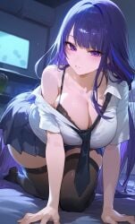 1girls ai_generated all_fours bare_shoulders big_breasts black_bra bra breasts clothing curvy curvy_figure female genshin_impact hi_res large_breasts necktie purple_eyes purple_hair raiden_shogun school_uniform schoolgirl skirt thighhighs very_long_hair