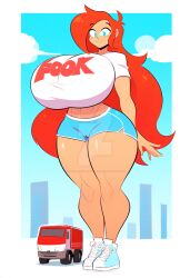 blue_shorts car huge_breasts hyper_breasts long_hair macro red_hair valgaavthedragon van white_t-shirt