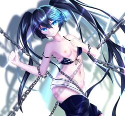 1girls belt bikini black_hair black_rock_shooter black_rock_shooter_(character) black_shorts blue_eyes breasts chains female flaming_eye long_hair medium_breasts navel nipples no_shirt restrained scar shorts solo swimsuit tokyo_(1421) twintails uneven_twintails