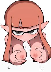 1boy 1girl areolae inkling inkling_girl kuronekoore licking licking_penis looking_at_viewer nipples oral paizuri penis pov splatoon sucking sucking_penis tongue