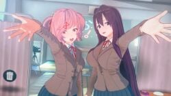 big_breasts cum_in_pussy cute_face cute_fang doki_doki_literature_club filming gangbang group_sex natsuki_(doki_doki_literature_club) smug_face yuri_(doki_doki_literature_club)