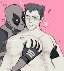 2boys bara beard_stubble blank_eyes blush chest_hair collarbone deadpool deadpool_&_wolverine_(2024) facial_hair from_behind gay gloves greyscale_with_colored_background hand_on_another's_chest heart james_howlett large_pectorals logan_(x-men) looking_at_another male_focus marvel mask mature_male motion_lines multiple_boys muscular muscular_male mustache_stubble navel_hair nipple_stimulation nipple_tweak nipples nude parted_lips pectoral_grab pectorals pink_background sherlock7akane short_hair simple_background stubble sweat teeth twitter_username upper_body wade_wilson wolverine_(x-men) x-men yaoi