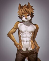 2018 anthro brown_eyes brown_fur brown_hair canine clothed clothing front_view fur grey_background hair hand_in_pocket jeans kiske_7key looking_at_viewer male male_only mammal muscular muscular_male navel nipples open_pants pants pubes simple_background solo standing topless undressing white_fur