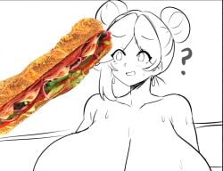 1girls baguette bell_pepper cheese cucumber food huge_breasts jpeg meme miruyuyo olive_(fruit) salami sandwich sketch