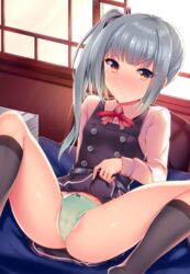 >:o black_legwear blush bow bow_panties cameltoe commentary_request female green_panties grey_hair indoors interstellar kantai_collection kasumi_(kantai_collection) lifted_by_self long_hair long_sleeves looking_at_viewer neck_ribbon nose_blush panties partially_visible_vulva remodel_(kantai_collection) ribbon side_ponytail sitting skirt skirt_lift solo spread_legs underwear window