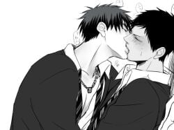 2boys aomine_daiki blush bottom_aomine daiki_aomine dark_skin gay grayscale kagaao kagami_taiga kissing kuroko's_basketball kuroko_no_basuke kuroquis male/male taiga_kagami yaoi