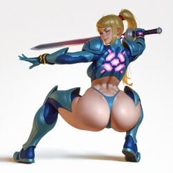 2024 adapted_costume ai_assisted ai_generated alternate_costume armor ass blonde_hair blue_eyes crouching from_behind gloves greaves hi_res holding_weapon looking_back medieval metroid pauldrons ponytail samus_aran sci_fi smile sword thong unconvincing_armor wheel_of_fortune_(director) white_background wink