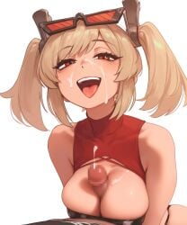 1boy 1girls ai_generated bare_shoulders between_breasts big_breasts blonde_hair breasts burnice_white censored clothing cum cum_on_breasts cum_on_face female hi_res large_breasts light-skinned_female light_skin looking_at_viewer male open_mouth paizuri penis red_eyes smile sunglasses sunglasses_on_head twintails zenless_zone_zero