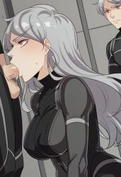 ai_generated blowjob blowjob_only bodysuit ceremon_vaughan deep_blowjob deep_throat deepthroat facefuck fellatio grey_hair irrumatio oral oral_penetration oral_sex oral_vore rein_(unordinary) silver_hair sucking sucking_penis unordinary webtoon webtoon_waifu