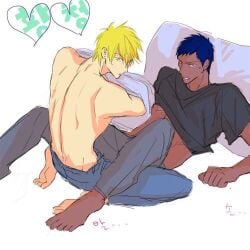 2boys aomine_daiki bed before_sex blonde_hair bottom_aomine daiki_aomine dark_skin gay kise_ryouta kuroko's_basketball kuroko_no_basuke laying_on_bed navy_blue_hair tan_skin yaoi