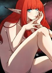 1girls aqua_eyes blue_eyes eiselin_hulkenberg elf elf_ears elf_female female female_only heart-shaped_pupils hi_res hime_cut kinkymation long_ears long_hair looking_at_viewer metaphor:_refantazio nude nude_female red_hair solo