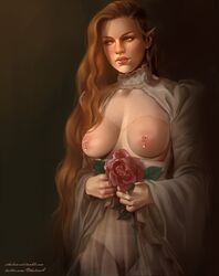 areolae breasts cameltoe elf female female_only flower holding_flower nipple_piercing nipples othalam partially_clothed see-through solo white_panties