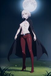 1girls ai_generated black_cloak breasts breasts breasts female fog hi_res high_heels highres jalter jeanne_alter jeanne_d'arc_(fate) moon naked night nipples nude outdoors pixai red_pants short_hair solo standing vampire_teeth white_hair yellow_eyes