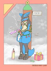 2018 animal_genitalia animal_penis anthro balls black_fur blue_fur bondage bound canine canine_penis chest_spike christmas closed_eyes crocodiler_owen cum cumshot ejaculation erection fur hands-free holidays japanese_text knot looking_at_viewer looking_pleasured lucario male male_only mammal nintendo nude open_mouth orgasm penis pokemon pokemon_(species) post rope sex_toy solo text vibrator video_games yellow_fur