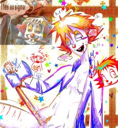 :3 bloody_good_time(game) censored clown digital_media_(artwork) ftm gay half-dressed heart male_only orange_hair the_clown(bloody_good_time) top_surgery_scars vagina xbox_360