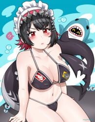 1girl beauty_mark beauty_mark_under_eye bikini black_bikini black_hair blush chin_length_hair ear_piercing ellen_joe female female_only kemono kemonomimi looking_at_viewer maid maid_headdress mihoyo navel pale-skinned_female pale_skin pout pulpyharu red_eyes shark_girl shark_tail short_hair string_bikini thick_thighs zenless_zone_zero