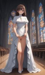 ai_generated ass blue blue_eyes brown_hair church cross cross_necklace dress dress_lift female formal formal_wear good_girl innocent no_panties original_character skirt_lift