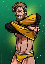 1male abs beard bulge chris_pine james_t._kirk looking_at_viewer male male_only randyslashtoons science_fiction shirt_lift star_trek underwear undressing yellow_shirt