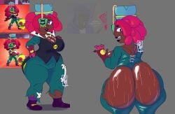 1girls ass ass_focus back_view big_ass big_breasts black_lips black_lipstick brawl_stars bubble_butt dark-skinned_female dark_skin female juicy_butt juju_(brawl_stars) justelm25 lipstick looking_back red_hair ripped_clothing ripped_clothing ripped_pants supercell supercell_(company)