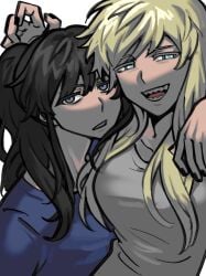 2girls arm_above_head arm_behind_back arm_over_shoulder big_breasts black_hair black_nail_polish black_nails blonde blonde_female blonde_hair blonde_hair_female blue_eyes blue_shirt breasts bugs_bug_me class_of_'09 dark_nails emily_(class_of_'09) eyebags fang fangs female female_focus hair_brushing head_on_shoulder head_to_head hug hugging hugging_another long_hair messy_hair nail_polish nails_painted nicole_(class_of_'09) obsessed obsession pale-skinned_female pale_skin ponytail shark_teeth sharp_teeth shirt smile smiling tired tired_expression tired_eyes tired_look toxic toxic_yuri unhealthy unhealthy_relationship white_body white_shirt white_skin yellow_hair yuri