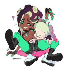 5_fingers brekkist clothed clothing dark-skinned_female dark_skin fingerless_gloves green_eyes green_nipples inkling licking light_skin marina_(splatoon) multicolored_hair navel_piercing nintendo octoling pearl_(splatoon) purple_hair pussy_juice rubbing_pussy smile splatoon splatoon_2 tentacles tongue_out underboob yellow_eyes yuri