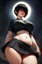 ai_generated bangs bangs_over_eyes black_hair chubby crop_top goth goth_girl hair_over_eyes huge_ass huge_breasts josie_(euclidbeing) massive_breasts massive_thighs miniskirt one_eye_closed one_eye_covered original_character short_hair thick_thighs viewed_from_below