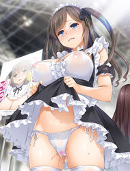 arm_garter blue_eyes breasts brown_hair covered_nipples female frilled_skirt frills hair_ribbon large_breasts long_hair maid maid_headdress nakajima_yuka nipples open_mouth original panties poster_(object) pussy_juice ribbon see-through_silhouette skirt skirt_lift solo_focus tears thighhighs two_side_up underwear vibrator white_legwear white_panties