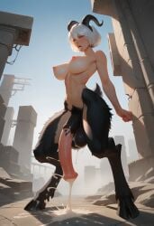 1futa ai_generated breasts cum cumming dalan063 furry futanari goat handsfree_ejaculation hooves horsecock nier:_automata satyr transformation yorha_2b