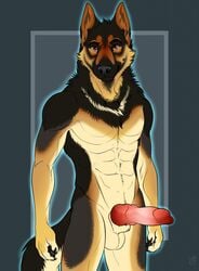 2018 5_fingers abs animal_genitalia animal_penis anthro balls black_fur black_nose brown_eyes brown_fur canine canine_penis erection fur german_shepherd grey_fur knot looking_at_viewer male male_only mammal multicolored_fur muscular muscular_male nude patrikthedog pecs penis pink_penis pinup pose simple_background smile solo standing tan_fur