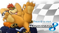 1boy 3_toes anthro anus ass balls bowser cum cum_on_tongue erection feet foot_focus hair hand_behind_head horn humanoid_penis koopa looking_at_viewer lying male male_only mario_(series) mario_kart nintendo nude on_back partially_retracted_foreskin penis perineum precum presenting presenting_anus presenting_hindquarters rear_view red_hair scales scalie short_tail solo spread_legs spreading toes tongue tongue_out uncut video_games ximorexx yellow_scales