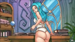 arcana_(hentai_heroes) ass blue_eyes blue_hair book bookshelf bottomless breasts cg female from_behind hentai_heroes indoors jaina_proudmoore long_hair looking_at_viewer looking_back official_art parody plant pussy solo window