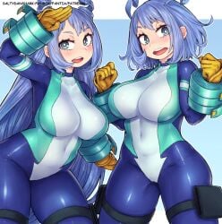 1girls alternate_hairstyle ass big_ass big_breasts blue_eyes blue_hair blush bodysuit breasts female female_focus female_only hero_outfit_(mha) long_hair looking_at_viewer my_hero_academia navel nejire_hado open_mouth saltydanshark short_hair smile solo solo_female solo_focus thick_thighs