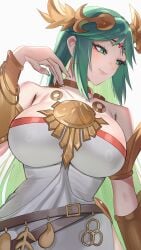 1girls accessory big_breasts breast_focus breasts breasts_focus busty chains dress female female_focus female_only forehead_jewel front_view gold_chain green_eyes green_hair highres huge_breasts jewelry kid_icarus kid_icarus_uprising large_breasts laurel_crown light-skinned_female light_skin long_hair palutena simple_background solo solo_female solo_focus white_background white_dress yasaikakiage