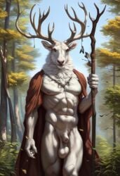 1boy 2024 ai_generated albino anthro antlers avaru cervine cervine_antlers cervine_humanoid clothing elk feathers forest fur humanoid looking_at_viewer male male_focus male_only mammal muscular muscular_male nature nature_background nipples open_robe primal_wilds robe sagging_testicles sheath solo stag tagme testicles tuft tufted_fur veiny_arms veiny_muscles veiny_thighs white_body white_fur