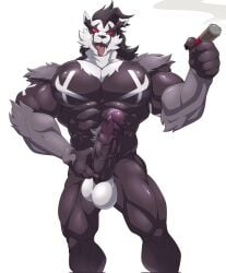 abs anthro balls big_pecs big_penis black_body black_claws cigar claws erection fur generation_8_pokemon genitals grey_body grey_fur hi_res holding_cigar holding_object holding_penis humanoid_genitalia humanoid_penis jack_mercer_(undeadmercer) looking_at_viewer maldu male manly muscular muscular_anthro muscular_male nintendo nude nude_anthro nude_male obstagoon pecs penis pokemon pokemon_(species) red_eyes sharp_teeth simple_background smoke solo teeth tongue tongue_out vein veiny_penis white_background white_balls