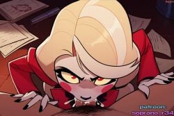 1boy 1girls ai_generated angry blowjob blowjob_face cartoon charlie_morningstar_(hazbin_hotel) costume cum cum_inside deepthroat fellatio female female_only hazbin_hotel looking_at_viewer pussy ripped_clothing soprano_r34