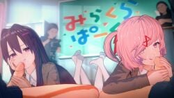 big_breasts blowjob cum_in_pussy cute_face cute_fang doki_doki_literature_club filming gangbang group_sex natsuki_(doki_doki_literature_club) smug_face yuri_(doki_doki_literature_club)