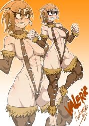 a_complicated_first_love abs big_breasts bone_earrings bone_hair_ornament hourglass_figure leather_collar leather_legwear loki159_(artist) muscular_female rodrigo_lee sling_bikini valerie_strongfield webtoon