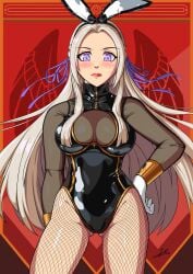 1girls blush bunny_ears bunny_girl bunnysuit edelgard_von_hresvelg fake_animal_ears fire_emblem fire_emblem:_three_houses fishnets frown grey_hair hand_on_hip large_breasts looking_at_viewer nintendo purple_eyes sweatdrop thighs velvetsolana