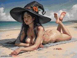 ai_generated barefoot beach black_hair breasts feet gigatsu looking_at_viewer lying lying_on_stomach naked naked_female nipples seductive seductive_look seductive_pose summer toes witch_hat