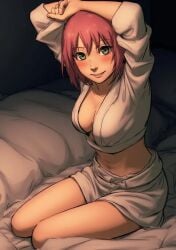 bed breasts ceejss green_eyes pink_hair smile smiling_at_viewer