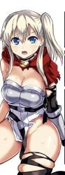 arm_support armor armored_female belt big_breasts blonde_female blonde_hair blue_eyes breasts clothed_female cropped_image frown frown_eyebrows frowning gloves light-skinned_female milly_yunis pigtail red_cape ripped_clothes ripped_clothing ripped_pants simple_background tagme tagme_(artist) thick_thighs white_background yuusha_ga_shinda!