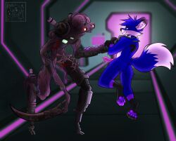 anthro ass birthmark blue_body blue_fur canid canine cybernetics cyborg dead_by_daylight duo erection fox fur furry green_eyes hi_res holding_neck indigo_(indigoblaze) machine male male/male mammal markings nude paws rafu science_fiction size_difference the_singularity_(dead_by_daylight) weapon_arm