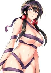 big_breasts black_hair breasts light-skinned_female nude nude_female purple_eyes ribbon_bondage sidelocks simple_background tagme tagme_(artist) tagme_(character) white_background wrapped yuusha_ga_shinda!