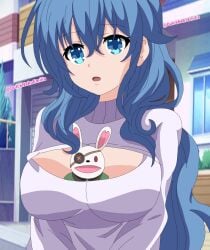 1girls 2d 2d_(artwork) adult_female big_breasts blue_eyes blue_hair blush breasts cleavage clothed date_a_live dulcenekoemilia female_only himekawa_yoshino long_hair object_between_breasts puppet shirt solo solo_female upper_body yoshinon