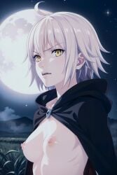 1girls ai_generated breasts cloak female fog hi_res highres jalter jeanne_alter jeanne_d'arc_(fate) moon naked night nipples nude outdoors pixai short_hair solo vampire_teeth white_hair yellow_eyes