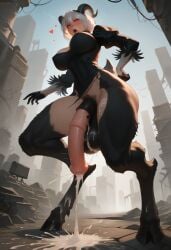 1futa ai_generated clothing cum cum_on_body cumming dalan063 furry futanari goat handsfree_ejaculation hooves horsecock nier:_automata satyr transformation yorha_2b