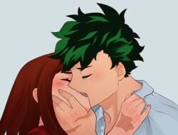 1boy1girl brown_hair closed_eyes deku dokidokicat foreplay green_hair izuku_midoriya kissing making_out midoriya_izuku ochako_uraraka pulling_clothing romantic romantic_couple scar tongue_out uraraka_ochako uravity